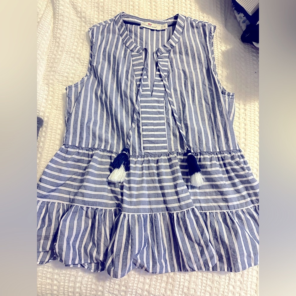 Vineyard Vines Navy Blue & White Striped Sleeveless Peplum Top with Tassels
